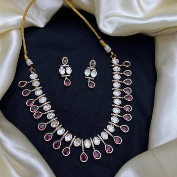 ruby red kundan necklace set with teardrop design 3