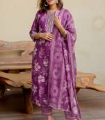 Mirchi Fashion Women's Magenta & White Floral Print Pure Cotton Kurti With Pant & Dupatta Set