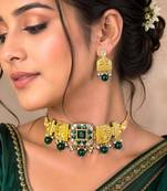 green kundan choker necklace set with emerald beads