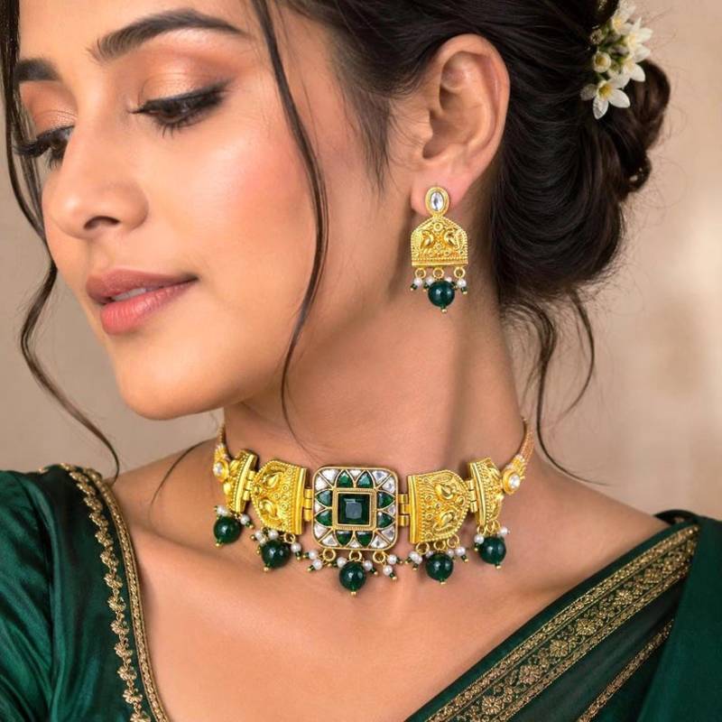 green kundan choker necklace set with emerald beads