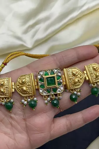 green kundan choker necklace set with emerald beads