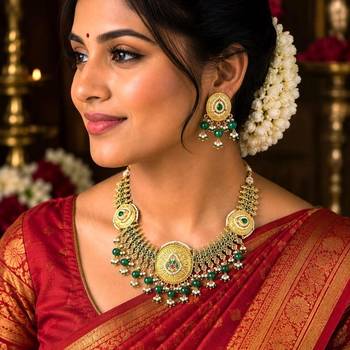 south indian bridal temple necklace set with emerald green beads 1