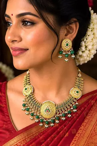 south indian bridal temple necklace set with emerald green beads