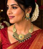 south indian bridal temple necklace set with emerald green beads