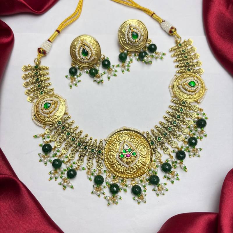 south indian bridal temple necklace set with emerald green beads
