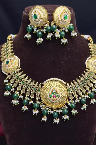 south indian bridal temple necklace set with emerald green beads