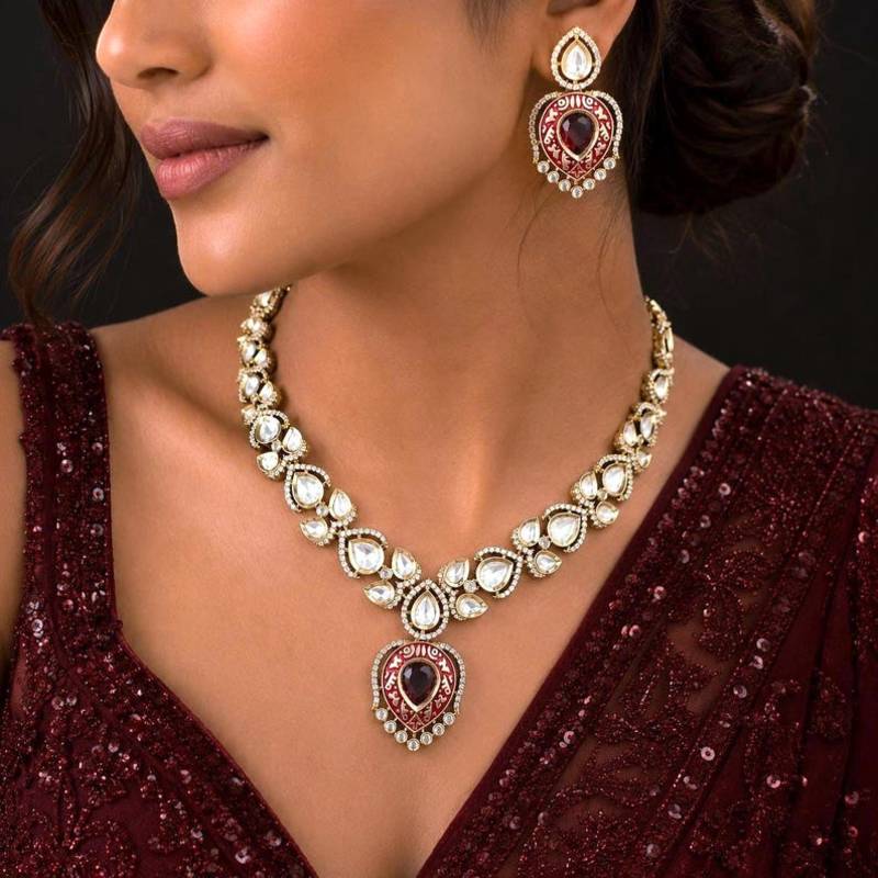 red meenakari kundan bridal choker necklace set