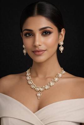 gold heart-shaped kundan necklace set with earrings 1