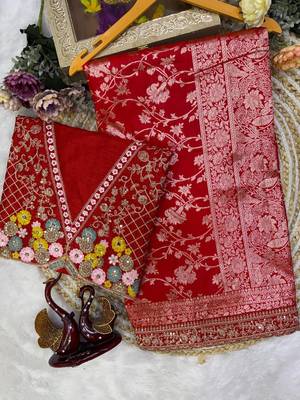 woven with embroidered silk blend red saree with blouse for women's 1