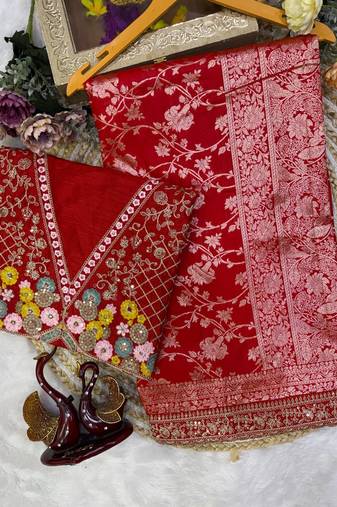 woven with embroidered silk blend red saree with blouse for women's