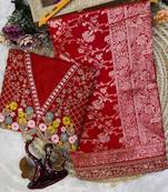 woven with embroidered silk blend red saree with blouse for women's