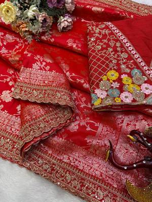 woven with embroidered silk blend red saree with blouse for women's 2