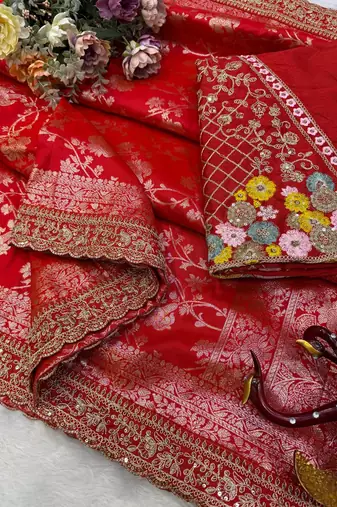 woven with embroidered silk blend red saree with blouse for women's