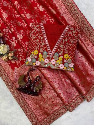 woven with embroidered silk blend red saree with blouse for women's 3