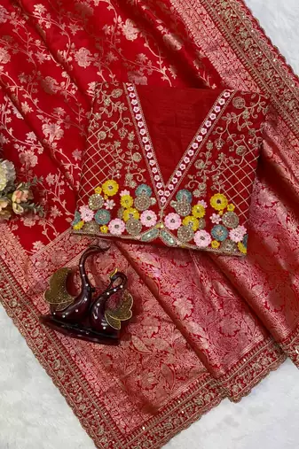 woven with embroidered silk blend red saree with blouse for women's