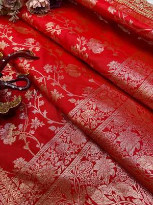 woven with embroidered silk blend red saree with blouse for women's 4