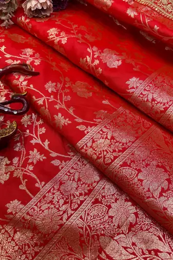 woven with embroidered silk blend red saree with blouse for women's