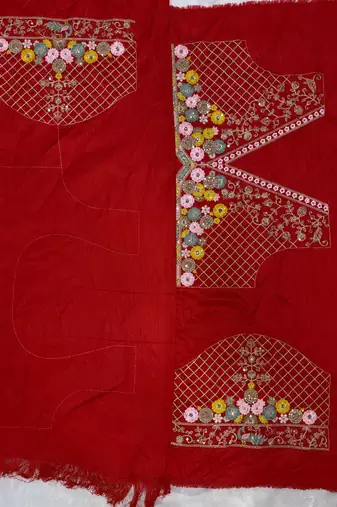 woven with embroidered silk blend red saree with blouse for women's