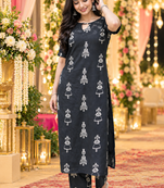 BLACK PRINTED WORK FABRIC COTTON BLEND KURTI PANT SET 