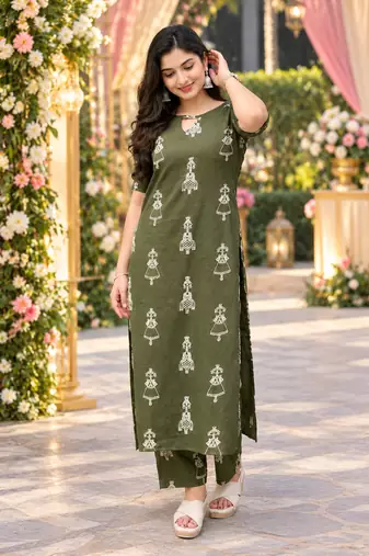 GREEN PRINTED WORK FABRIC COTTON BLEND KURTI PANT SET 