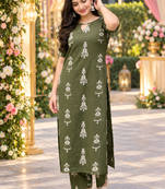 GREEN PRINTED WORK FABRIC COTTON BLEND KURTI PANT SET 