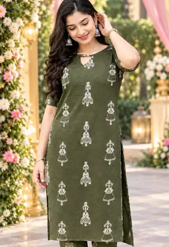 GREEN PRINTED WORK FABRIC COTTON BLEND KURTI PANT SET 