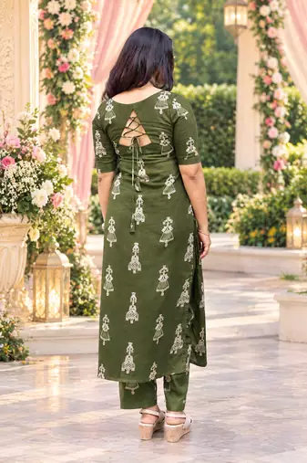 GREEN PRINTED WORK FABRIC COTTON BLEND KURTI PANT SET 