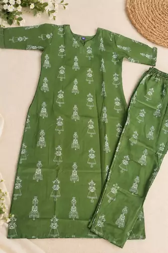 GREEN PRINTED WORK FABRIC COTTON BLEND KURTI PANT SET 