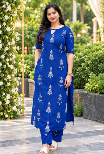 BLUE PRINTED WORK FABRIC COTTON BLEND KURTI PANT SET 
