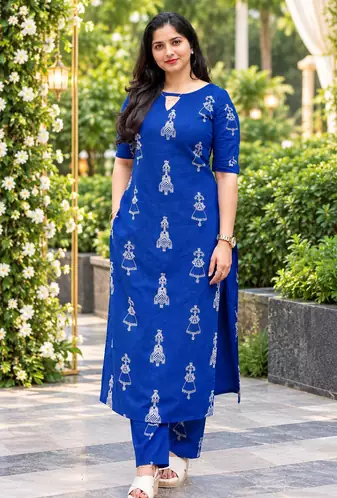 BLUE PRINTED WORK FABRIC COTTON BLEND KURTI PANT SET 