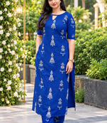 BLUE PRINTED WORK FABRIC COTTON BLEND KURTI PANT SET 