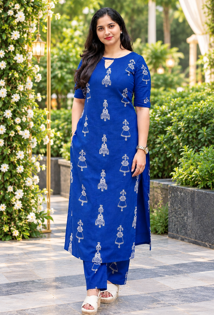 BLUE PRINTED WORK FABRIC COTTON BLEND KURTI PANT SET 