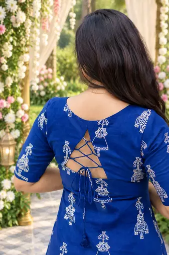 BLUE PRINTED WORK FABRIC COTTON BLEND KURTI PANT SET 
