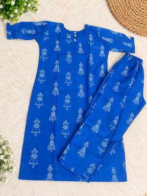BLUE PRINTED WORK FABRIC COTTON BLEND KURTI PANT SET  4