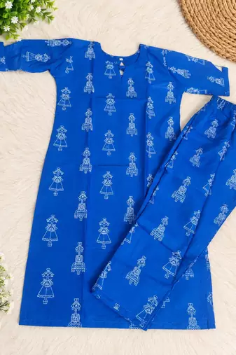 BLUE PRINTED WORK FABRIC COTTON BLEND KURTI PANT SET 
