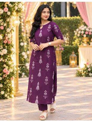 PURPLE PRINTED WORK FABRIC COTTON BLEND KURTI PANT SET  1