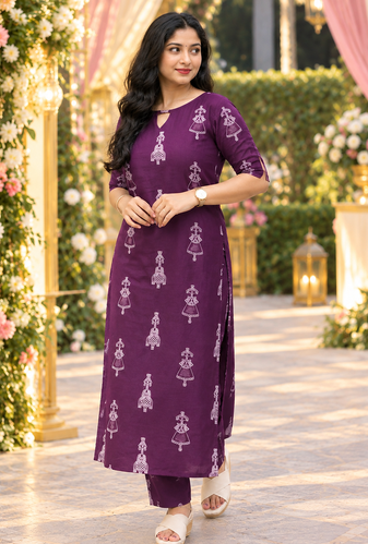 PURPLE PRINTED WORK FABRIC COTTON BLEND KURTI PANT SET 