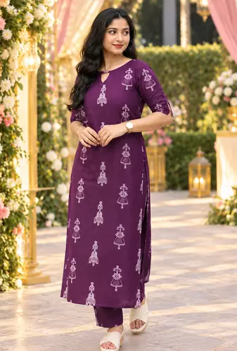 PURPLE PRINTED WORK FABRIC COTTON BLEND KURTI PANT SET 