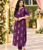 PURPLE PRINTED WORK FABRIC COTTON BLEND KURTI PANT SET 