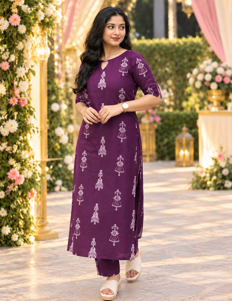 PURPLE PRINTED WORK FABRIC COTTON BLEND KURTI PANT SET 