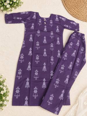 PURPLE PRINTED WORK FABRIC COTTON BLEND KURTI PANT SET  3