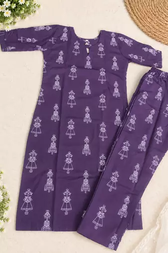 PURPLE PRINTED WORK FABRIC COTTON BLEND KURTI PANT SET 
