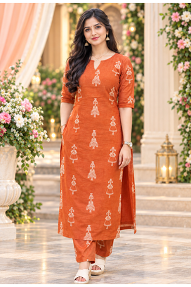 ORANGE PRINTED WORK FABRIC COTTON BLEND KURTI PANT SET  1
