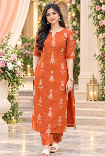 ORANGE PRINTED WORK FABRIC COTTON BLEND KURTI PANT SET 