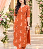 ORANGE PRINTED WORK FABRIC COTTON BLEND KURTI PANT SET 