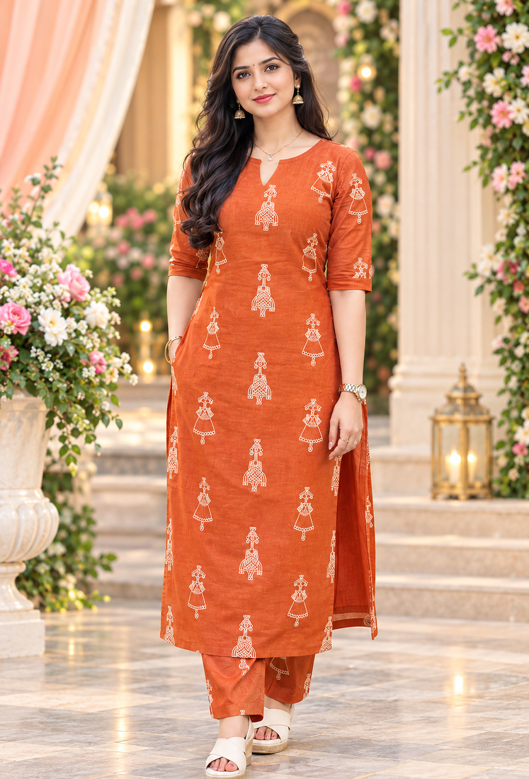 ORANGE PRINTED WORK FABRIC COTTON BLEND KURTI PANT SET 