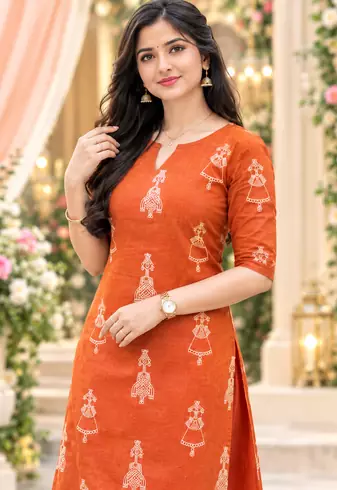 ORANGE PRINTED WORK FABRIC COTTON BLEND KURTI PANT SET 