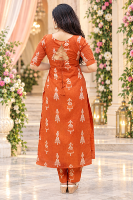 ORANGE PRINTED WORK FABRIC COTTON BLEND KURTI PANT SET  3