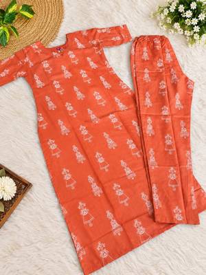 ORANGE PRINTED WORK FABRIC COTTON BLEND KURTI PANT SET  4