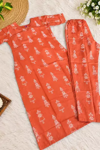 ORANGE PRINTED WORK FABRIC COTTON BLEND KURTI PANT SET 